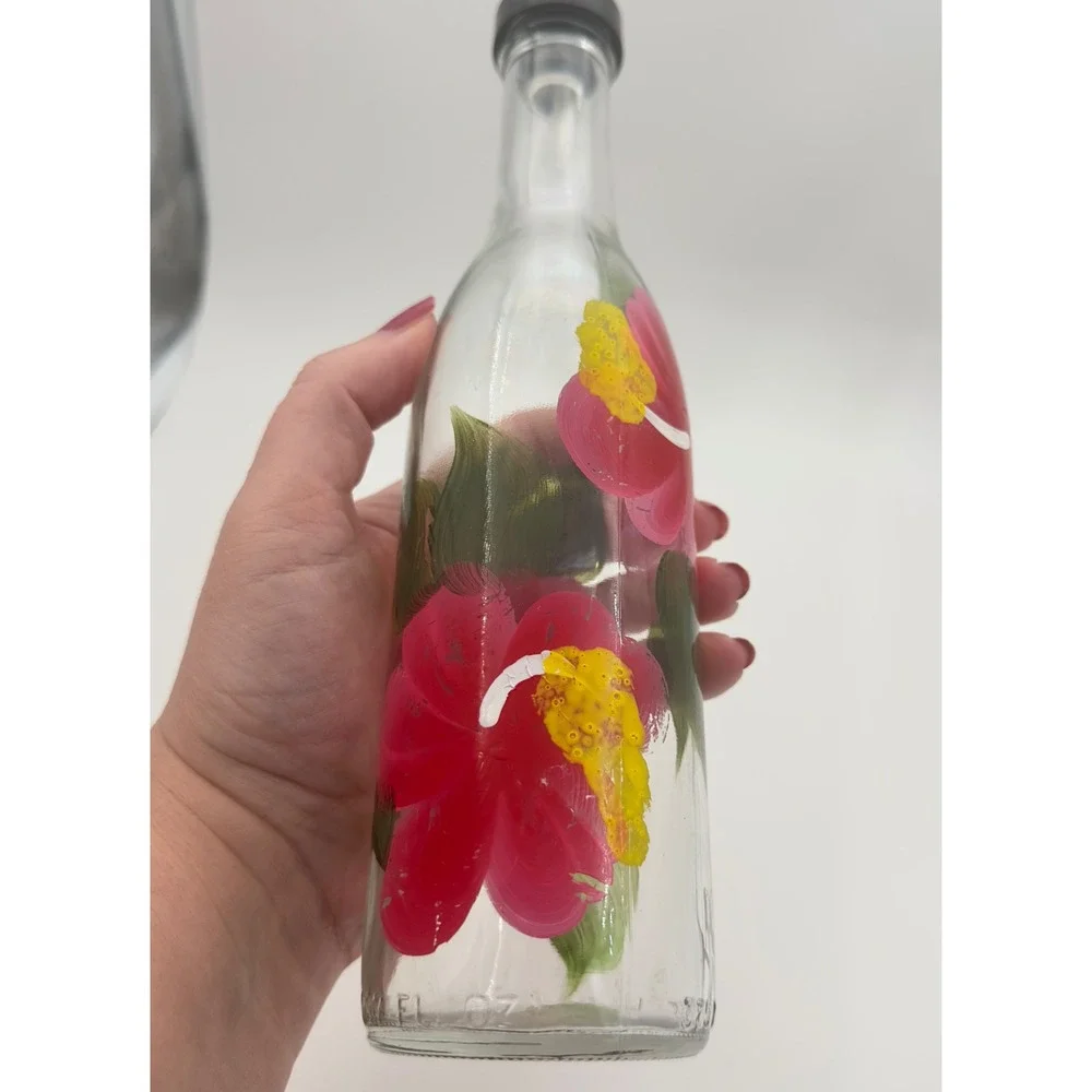 Hand Painted Hibiscus Glass Oil and Vinegar Cruet Bottle with Pourer 12.7 oz